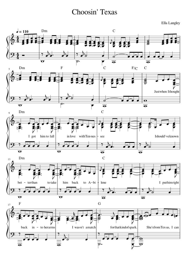 Choosin' Texas - Ella Langley piano sheet page 1