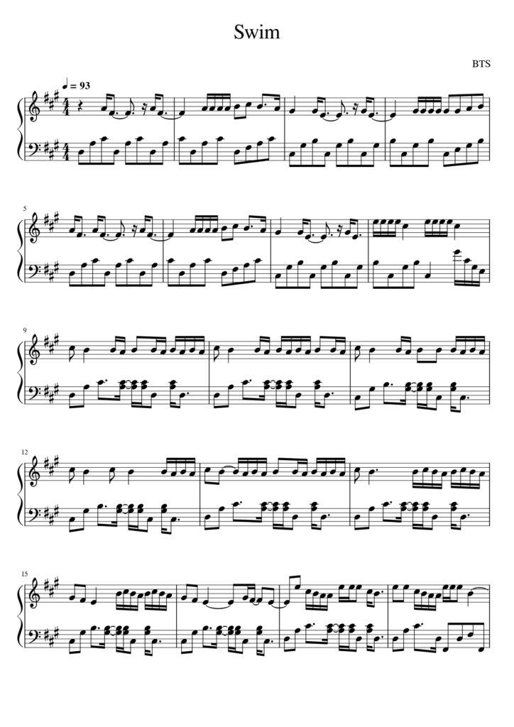 Swim BTS piano sheet music page 1