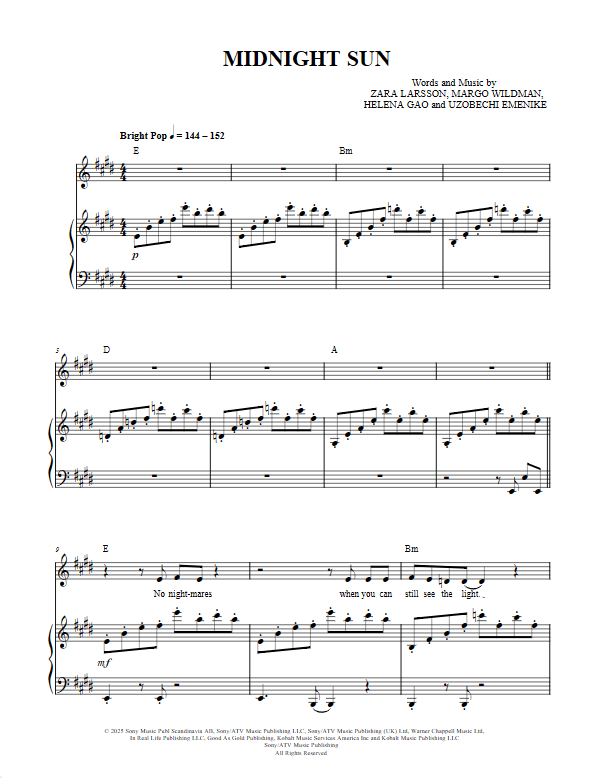 Midnight Sun - Zara Larsson piano sheet music (page 1)