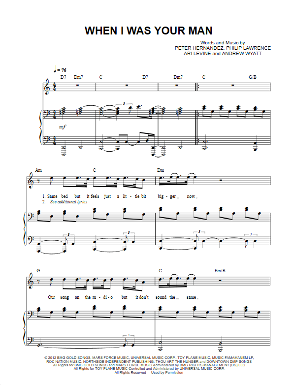 When I Was Your Man - Bruno Mars piano sheet music (page 1)