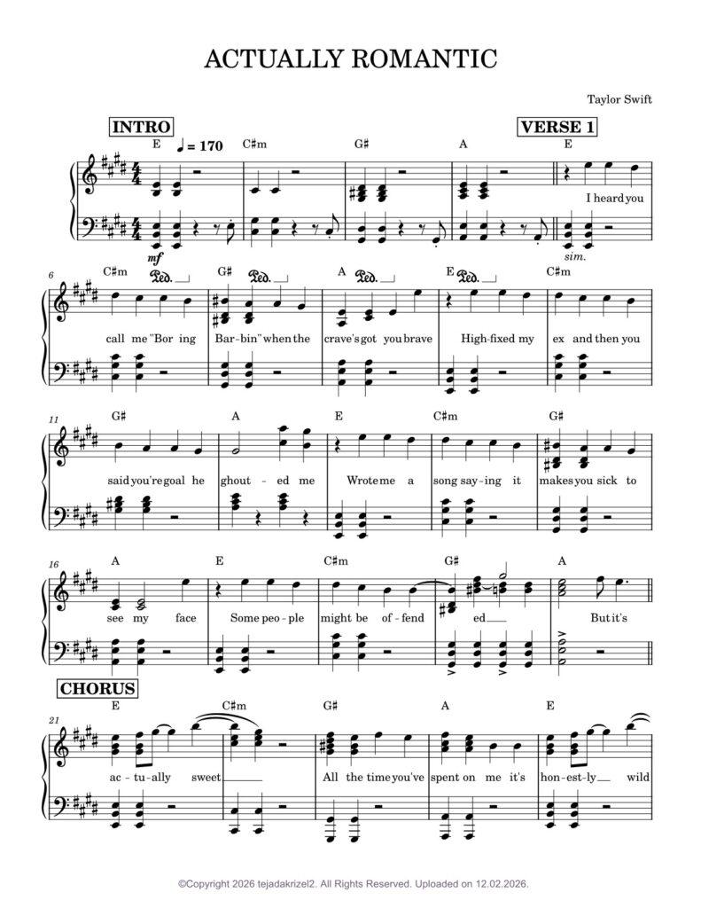 Actually Romantic - Taylor Swift piano sheet page 1