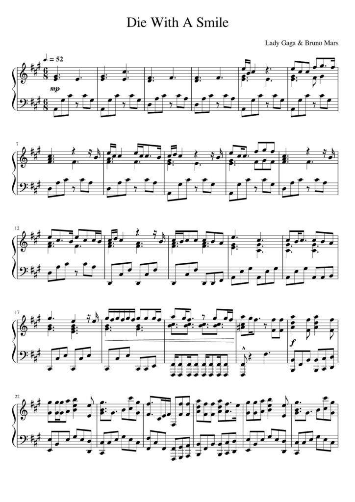 Die With A Smile - Lady Gaga & Bruno Mars piano sheet page 1