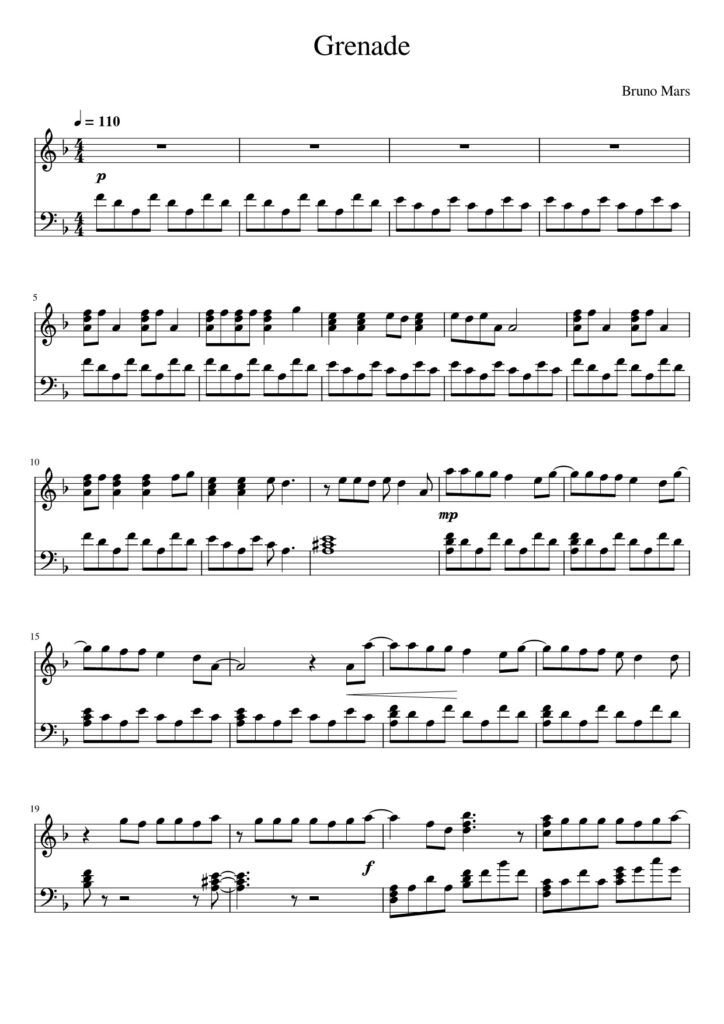 Grenade Bruno Mars piano sheet page 1