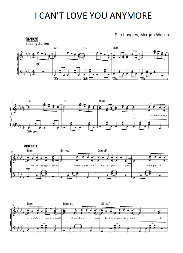 I Can't Love You Anymore - Ella Langley & Morgan Wallen piano sheet page 1