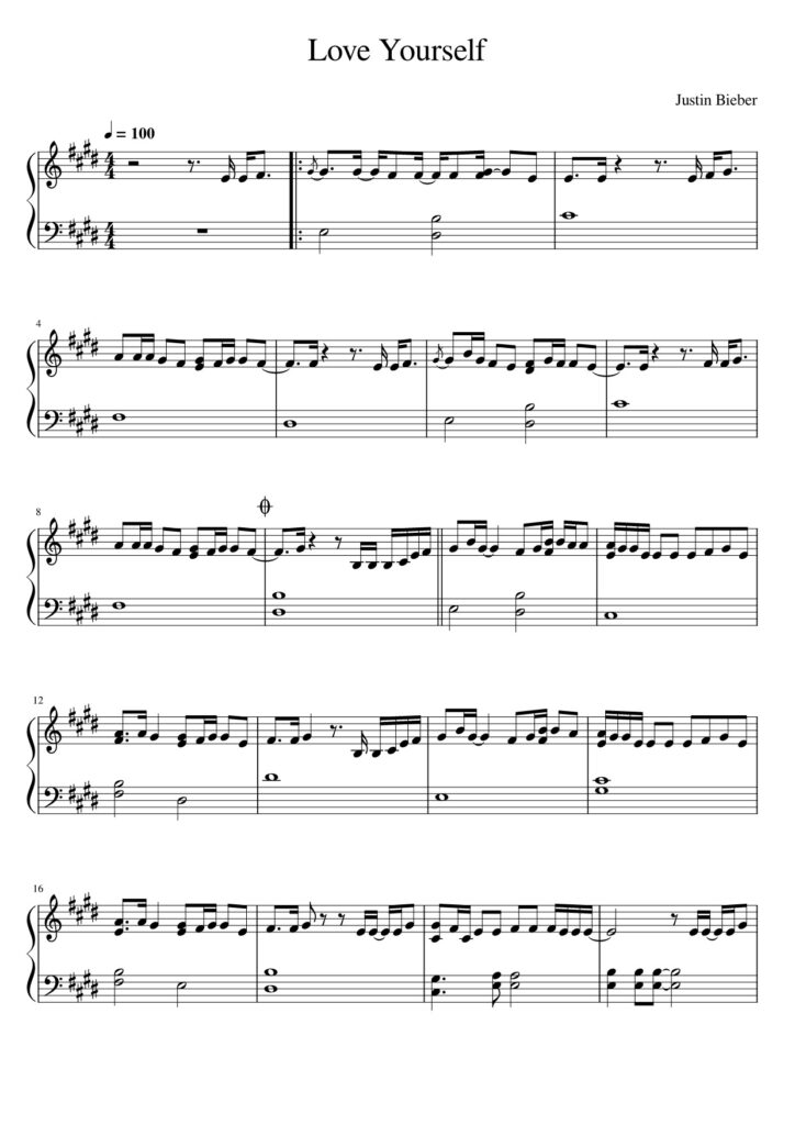 Love Yourself Justin Bieber piano sheet page 1