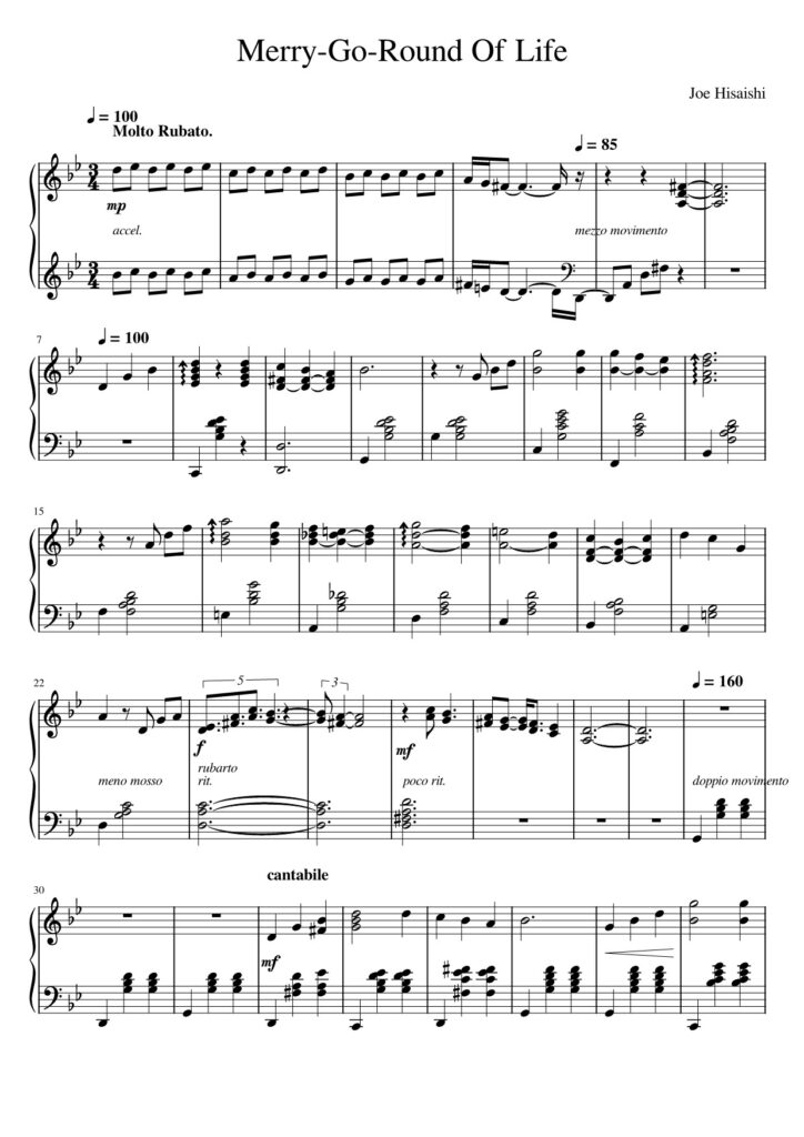 Merry-Go-Round Of Life Joe Hisaishi piano sheet page 1