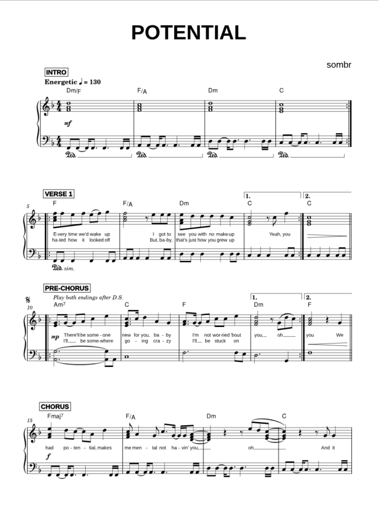 Potential - sombr piano sheet page 1