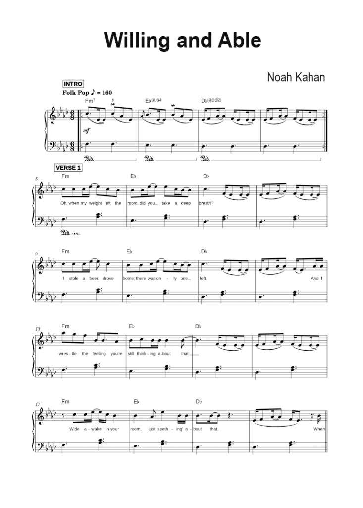 Willing and Able Noah Kahan piano sheet page 1